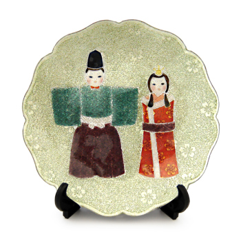七宝焼|飾皿・径12　ひな祭り　八稜立雛・緑