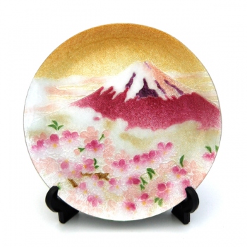 七宝焼|飾皿・45丸　赤富士桜