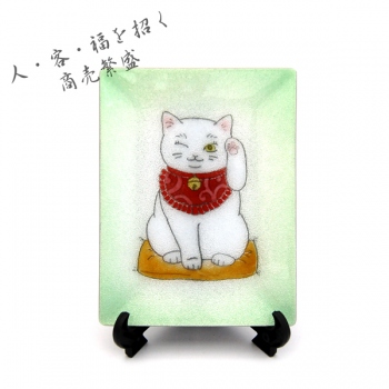 七宝焼|飾皿・人招き猫　緑