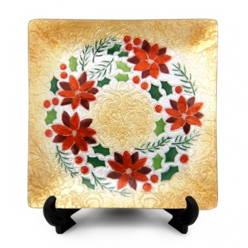七宝焼|飾皿・15×15　クリスマス　ポインセチアリース (お取り寄せ)